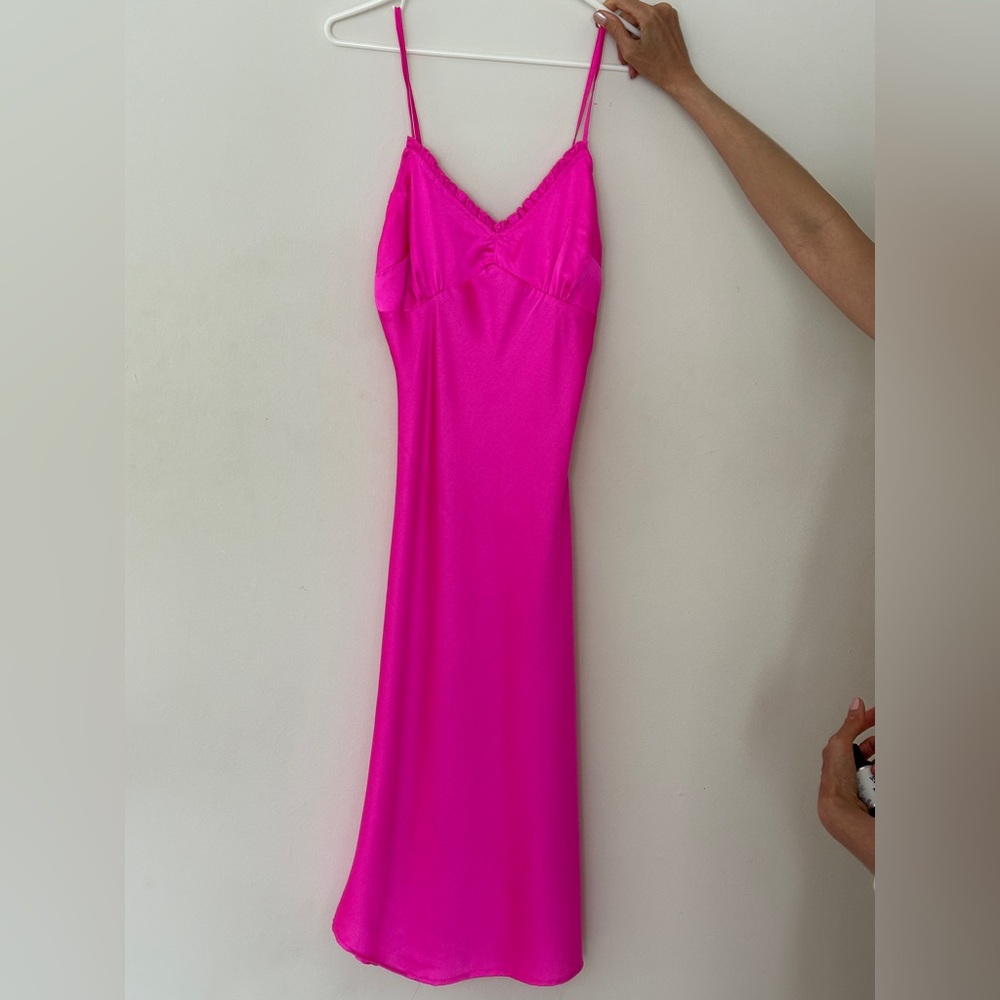 Hot Pink Satin Chemise Midi Dress